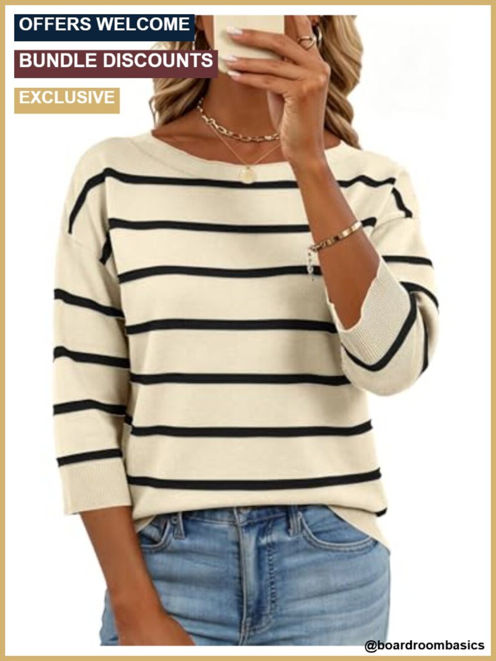 Women's Boat Neck 3/4 Sleeve Lightweight Knit Pullover Sweater